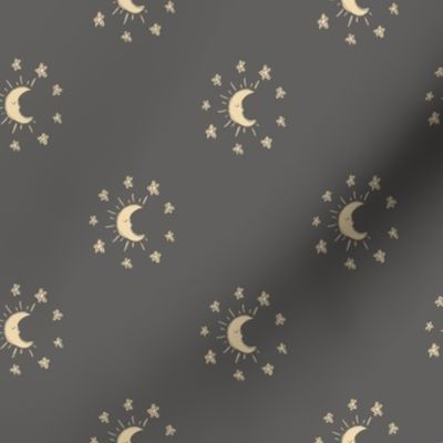 Hand drawn celestial moon and stars in yellow and dark grey for kids and baby pyjamas 4 inch