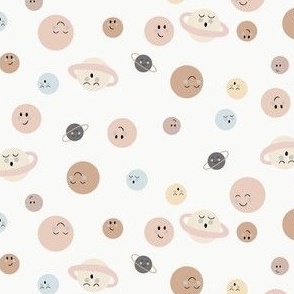 Happy planets in warm neutral tones for space fans! Tossed celestial planets for kids and baby