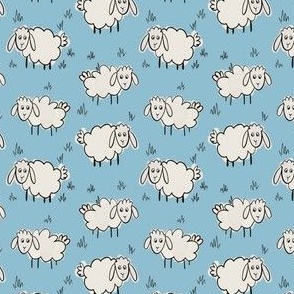 Sheep on blue, cute hand drawn farm lambs
