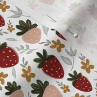 Strawberries, medium scale, pink, red, cute, kids, girls, botanical, floral, berry, children