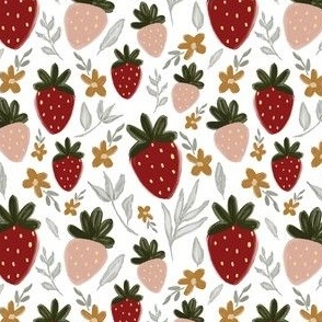 Strawberries, medium scale, pink, red, cute, kids, girls, botanical, floral, berry, children