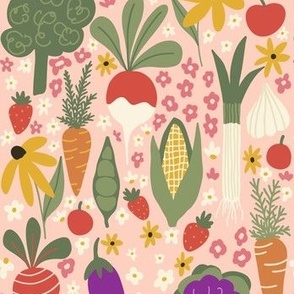 Summer vegetable garden on pink featuring pumpkin, carrot, corn, eggplant, beetroot and more,