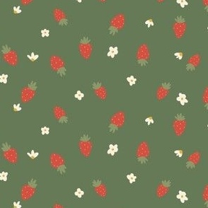 Red strawberries on green with white flowers / small / for bows and accessories 