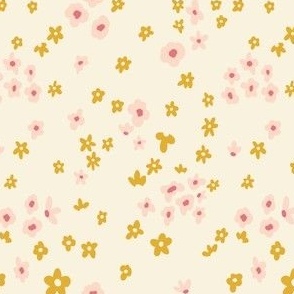 Ditsy floral, 5 inch, small, light whimsical, cottage core, pretty, soft, feminine, girly, pink, yellow, mustard, nursery, baby, daisy, scattered, ashleigh fish