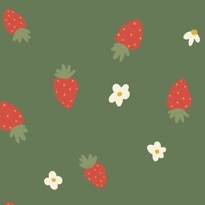 Red strawberries on green with white flowers / medium / for dresses and accessories