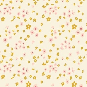 Ditsy floral, 4 inch, small, light whimsical, cottage core, pretty, soft, feminine, girly, pink, yellow, mustard, nursery, baby, daisy, scattered, ashleigh fish