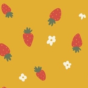 Strawberries on yellow with cute flowers medium scale