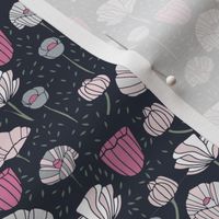 Bright Pink, White and Gray Floral on a Navy Background