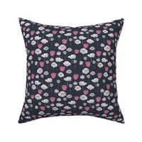 Bright Pink, White and Gray Floral on a Navy Background