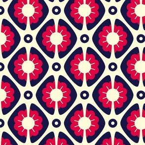 0964 - retro daisies, red/ navy