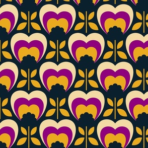 0972 - retro heart flowers, navy / purple / yellow