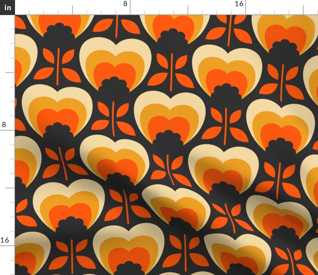 0973 - retro heart flowers, brown / yellow