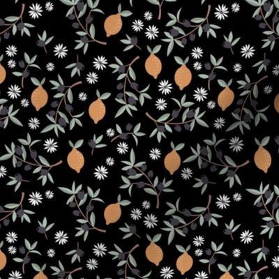 Italian summer black olives and citrus garden leaves and daisy flowers orange sage green on black night SMALL