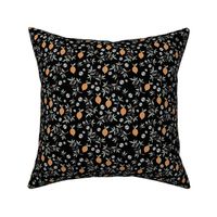 Italian summer black olives and citrus garden leaves and daisy flowers orange sage green on black night SMALL