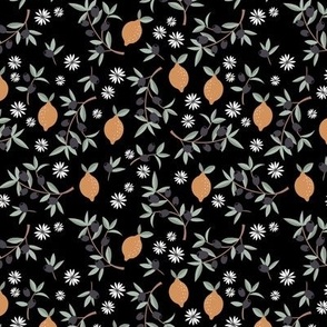 Italian summer black olives and citrus garden leaves and daisy flowers orange sage green on black night SMALL