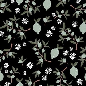 Italian summer green olives and citrus garden leaves and daisy flowers sage green on black night LARGE