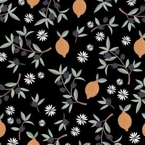 Italian summer black olives and citrus garden leaves and daisy flowers orange sage green on black night LARGE