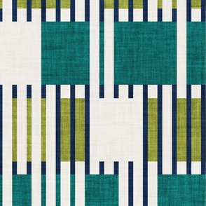Large jumbo scale // Bold minimalist retro stripes // midnight blue olive and pine green geometric grid 