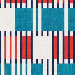 Large jumbo scale // Bold minimalist retro stripes // midnight blue neon red and teal blue geometric grid 