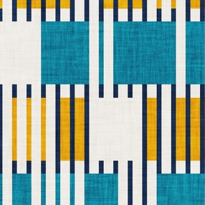Large jumbo scale // Bold minimalist retro stripes // midnight blue goldenrod yellow and teal blue geometric grid 