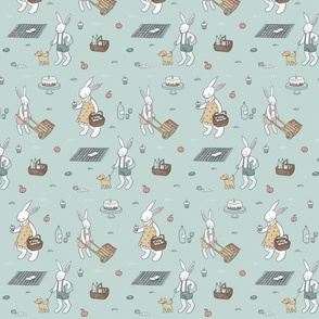 Picnic Bunnies on mint 7x7in