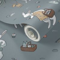 Picnic Bunnies on gray blue 7x7in