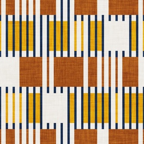 Normal scale // Bold minimalist retro stripes // midnight blue goldenrod yellow and copper brown geometric grid 