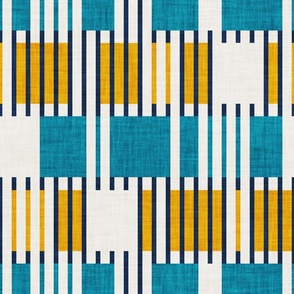 Normal scale // Bold minimalist retro stripes // midnight blue goldenrod yellow and teal blue geometric grid 