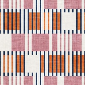 Small scale // Bold minimalist retro stripes // midnight blue orange and dry rose geometric grid 