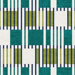 Small scale // Bold minimalist retro stripes // midnight blue olive and pine green geometric grid 