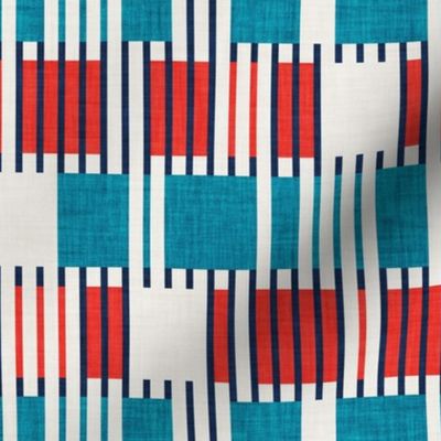 Small scale // Bold minimalist retro stripes // midnight blue neon red and teal blue geometric grid 