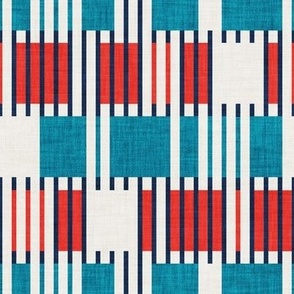 Small scale // Bold minimalist retro stripes // midnight blue neon red and teal blue geometric grid 