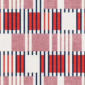 Small scale // Bold minimalist retro stripes // midnight blue neon red and dry rose geometric grid 