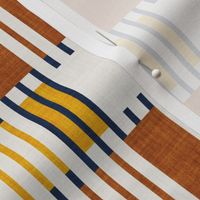 Small scale // Bold minimalist retro stripes // midnight blue goldenrod yellow and copper brown geometric grid 