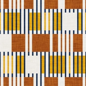 Small scale // Bold minimalist retro stripes // midnight blue goldenrod yellow and copper brown geometric grid 