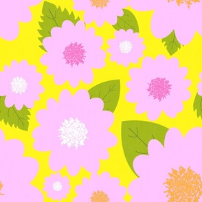 Pink Summer Flowers On Yellow Modern Repeat
