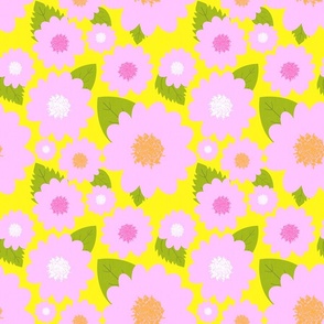 Pink Summer Flowers On Yellow Modern Repeat Pattern