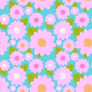 Cheerful Modern Pink Summer Flowers On Turquoise Blue 