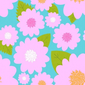 Modern Pink Summer Flowers On Turquoise Blue
