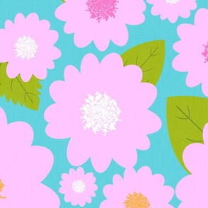 Pink Summer Flowers On Turquoise Modern Repeat Pattern