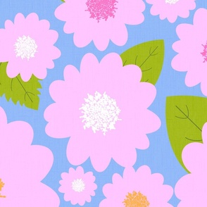 Pink Summer Flowers On Sky Blue Modern Repeat Pattern