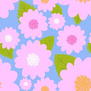 Pink Summer Flowers On Sky Blue Modern Repeat Pattern