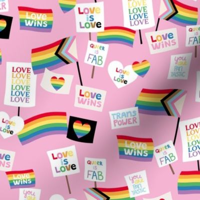 Queer rights demonstration signs and posters  for tolerance pride lgbtq rainbow flag design  on pink 