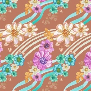 Groovy floral with waves - painted daisies - fun - terracotta - burnt sienna - wheat