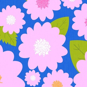 Retro Modern Pink Summer Flowers On Royal Blue