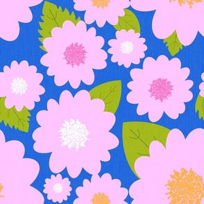Modern Pink Summer Flowers On Royal Blue 