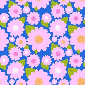 Pink Summer Flowers On Royal Blue Modern Pattern