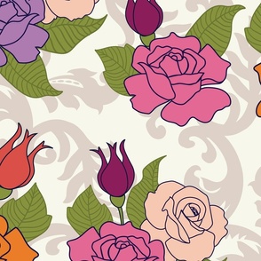 Roses with victorian ornamental elements WALLPAPER