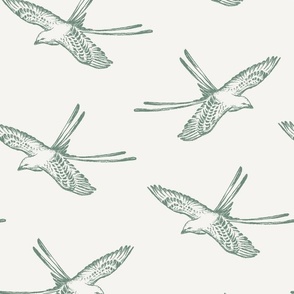 Mid Century Modern Birds - Vintage Wallpaper & Fabric in Green & Ivory