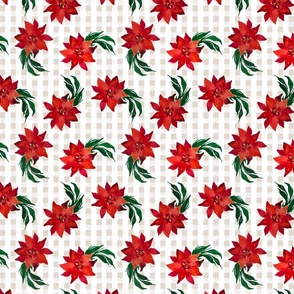 Vintage Christmas Holiday Poinsettias  - Noel Print - Offwhite Gingham Check Background 